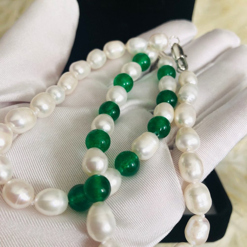 Freshwater Pearl Jade Cross Necklace - Picture 2 of 12